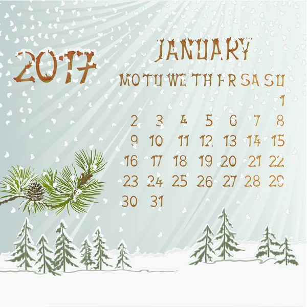 Kalender januari 2017 met een vector pine tak en winter landschap — Stockvector