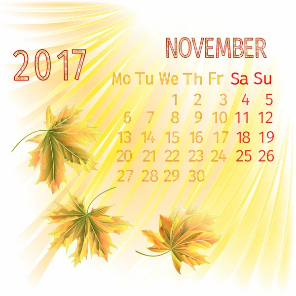 Kalendarza listopada 2017 wektor — Wektor stockowy