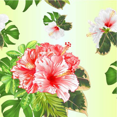 Tropikal çiçekli kusursuz desen buketi pembe ve beyaz amberçiçeği, Schefflera, filodendron ve doğal arkaplan vintage çizimi düzenlenebilir el çizimi.