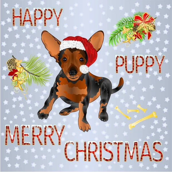 Happy Welpen Hund Santa Frohe Weihnachten Und Neujahr Und Schriftzug — Stockvektor