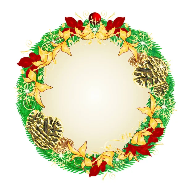 Christmas New Year Wreath Decoration Red Golden Poinsettia Spruce Tree — Stock Vector