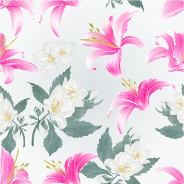 Kusursuz desenli Bahar Çiçekleri Lily Pembe Zambak ve Yasemin suluboya vintage vektör illüstrasyon düzenlenebilir el çizimi