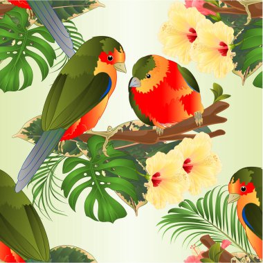 Kusursuz desenli tropikal kuşlar, tropikal çiçek demetleriyle bir palmiye dalında ambar, yeşil arka planda filodendron, klasik vektör çizimi düzenlenebilir el çizimi.