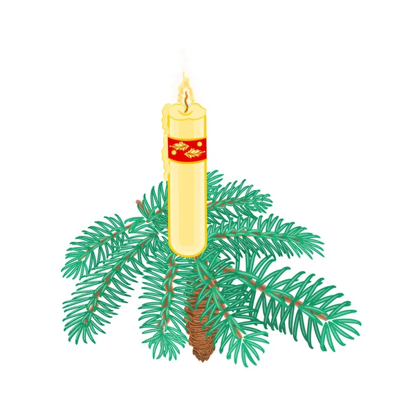 Vela de Navidad en rama de abeto con vector piña — Vector de stock