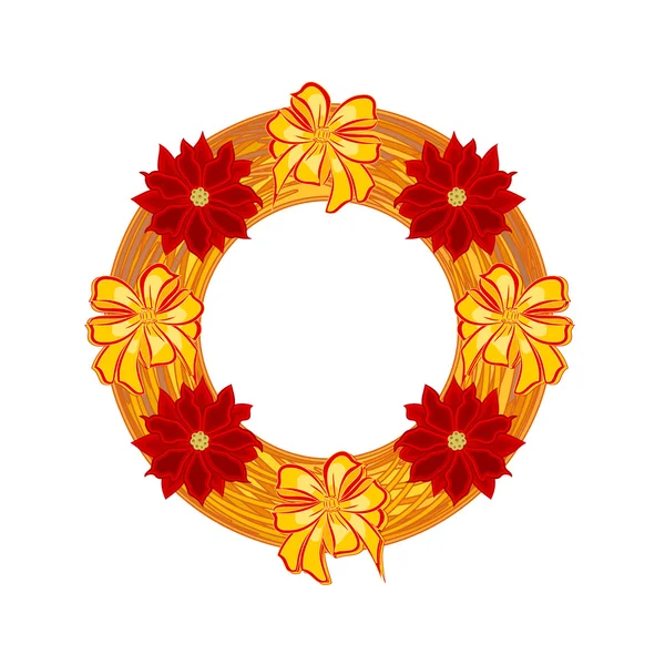 Navidad con corona de paja con vector poinsettia — Vector de stock