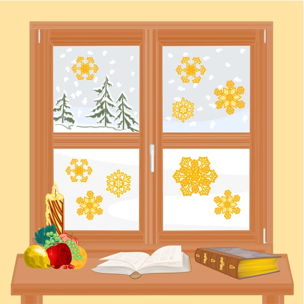 Winter venster met kerst kaars en oude boek vector — Stockvector