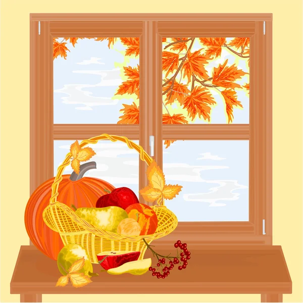 Fenster mit Früchten Herbst Thema Erntedank Vektor — Stockvektor