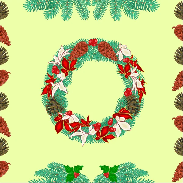 Textura inconsútil corona de Navidad y vector de conos de pino — Vector de stock