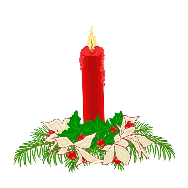 Natal vermelho vela azevinho e poinsettia vetor — Vetor de Stock