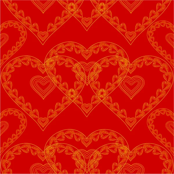 Día de San Valentín textura sin costuras de oro corazones vector de fondo rojo — Vector de stock