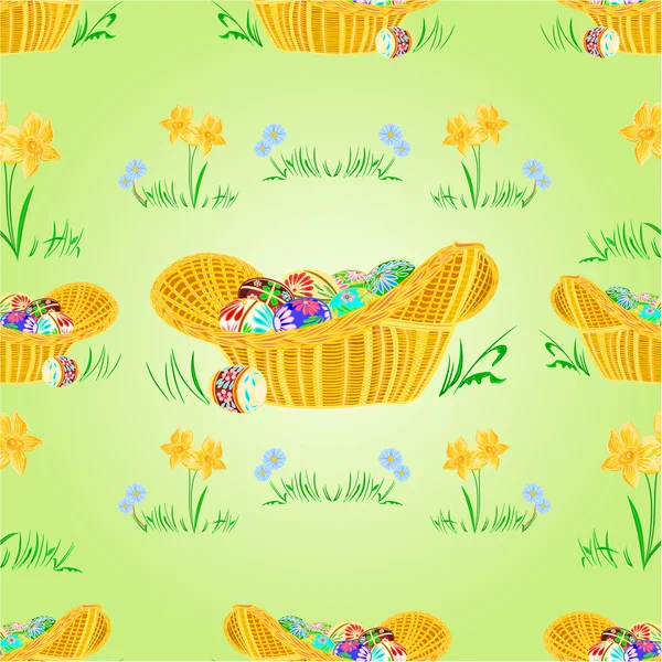 Straw basket with Easter eggs seamless texture vector — Stock Vector
