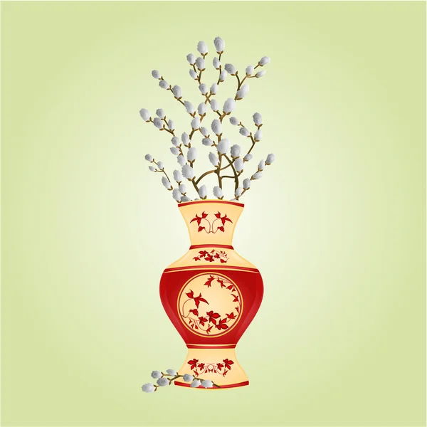 Vase with branch pussy willow  spring background vector — Stock Vector