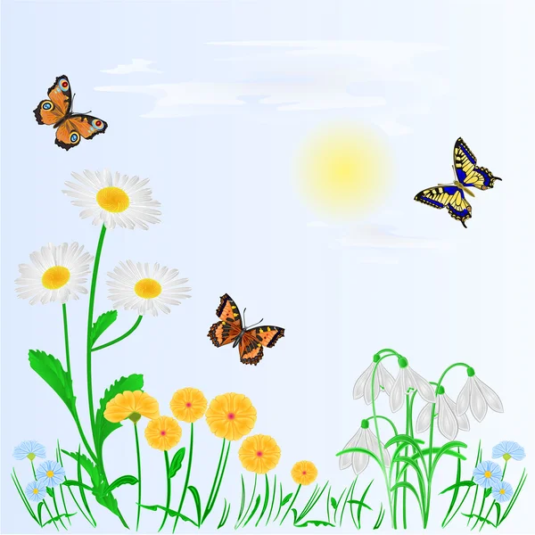 Primavera sfondo primavera fiori e farfalle vettore — Vettoriale Stock