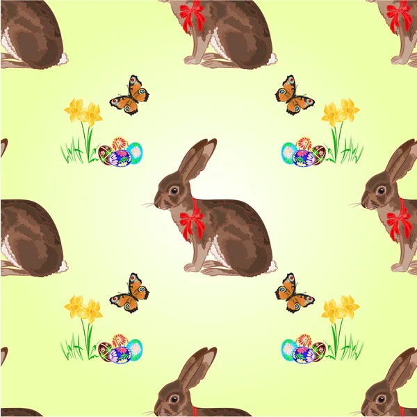 Seamless texture easter hare with butterflies and daffodil vector — Stock Vector