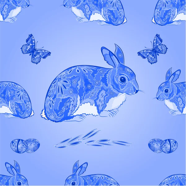 Seamless texture easter blue bunny with butterfly  vector — Stock Vector