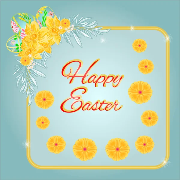 Frame easter eggs and daffodils turquoise background vector — Stock Vector