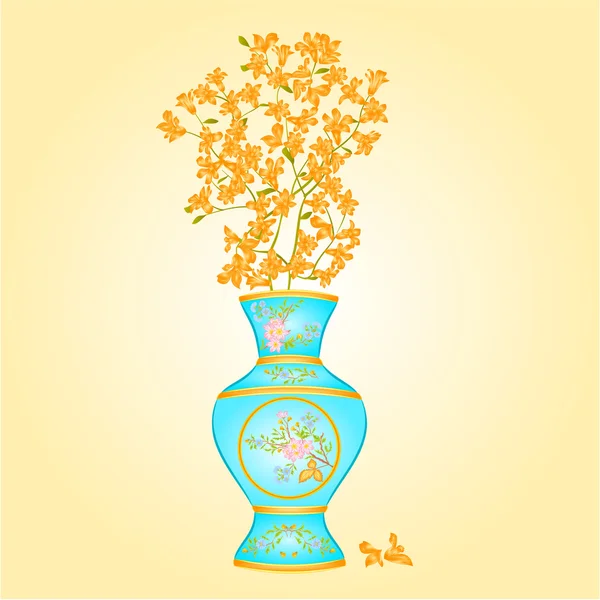 Vaso azul com vetor Forsythia — Vetor de Stock