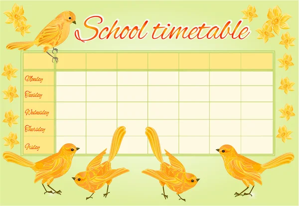 Χρονοδιάγραμμα το σχολείο με τα κίτρινα πουλιά διάνυσμα — Διανυσματικό Αρχείο