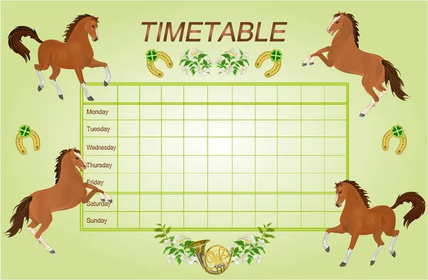 Timetable weekly schedule with brown horses vector — Stock Vector