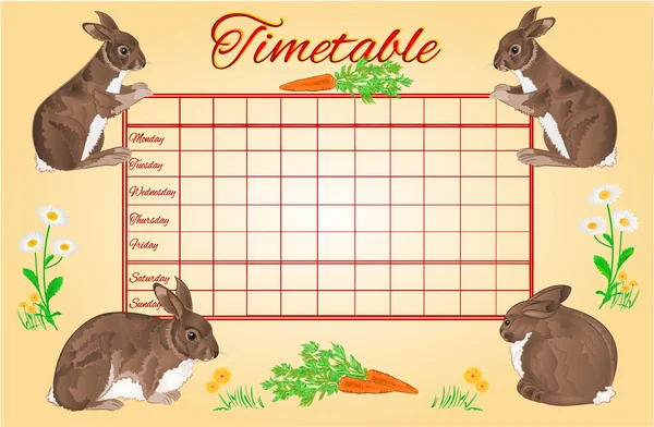 Horario horario semanal con vector de conejos — Vector de stock