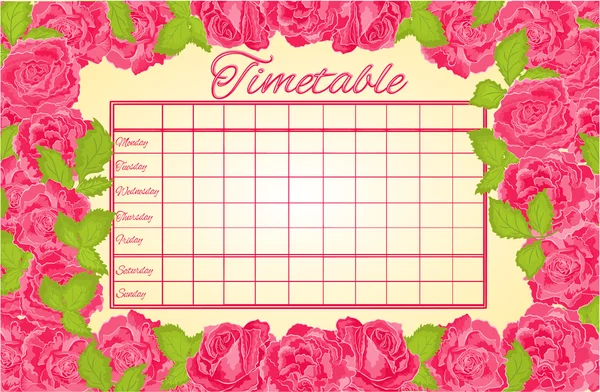 Horario horario semanal con rosas rosadas vector — Vector de stock