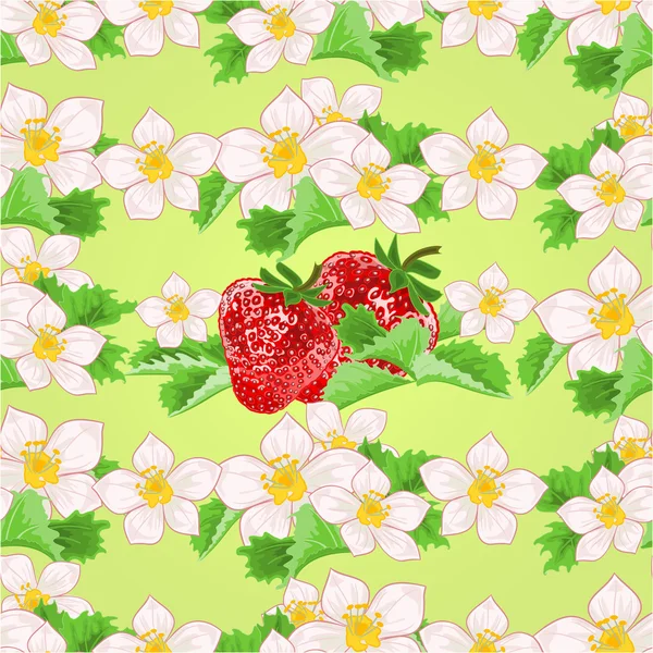 Textura perfecta de fresas con flores y hojas vector — Vector de stock