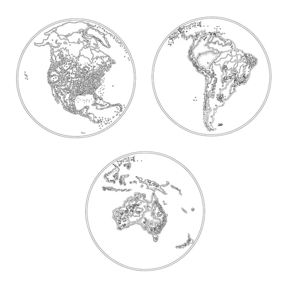 Globes scheme settlements North America South America and Australia vector — Stock Vector