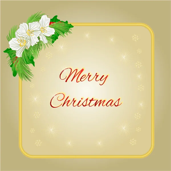 Feliz Navidad marco de oro con flores de jazmín y vector de ramas de pino — Archivo Imágenes Vectoriales