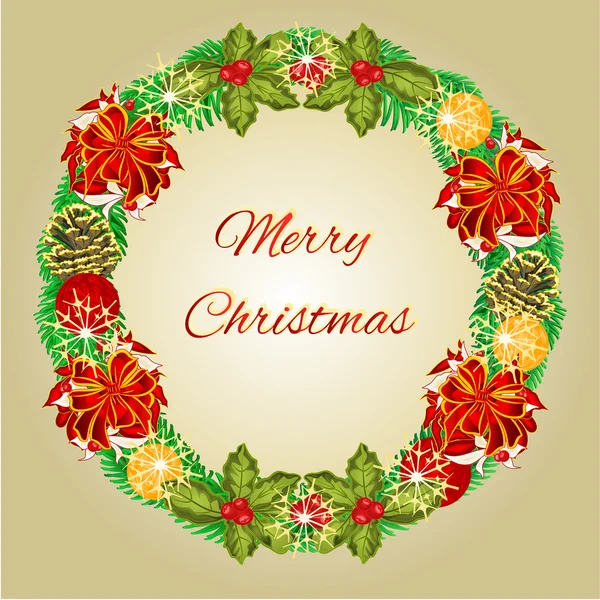 Merry Christmas wreath with red ribbons vector — Stock Vector