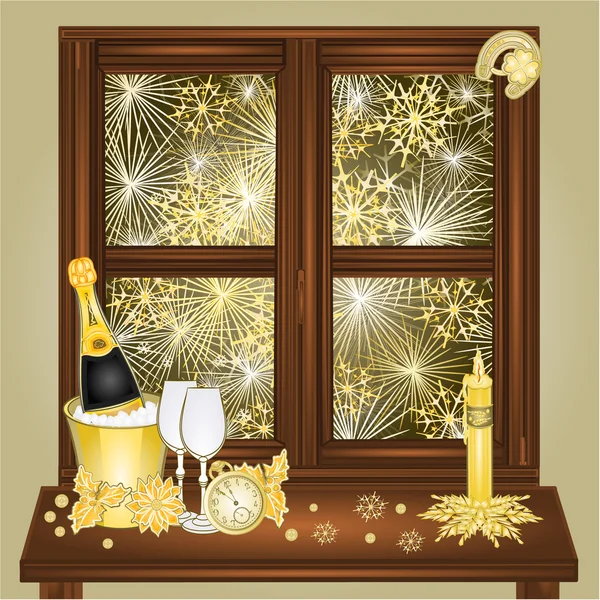 Nowy rok fajerwerkami i okno wektor — Wektor stockowy