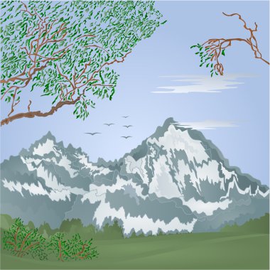Dağlar Vinçler vektör uçan ile manzara bahar