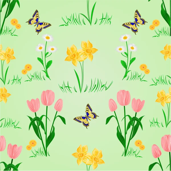 Bezešvých textur jarní květiny s vektorem motýl — Stockový vektor