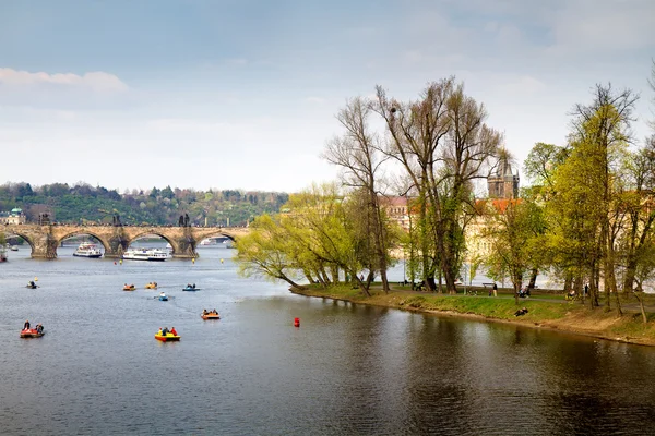 République tchèque. Prague. Bateaux de plaisance et catamarans sur la rivière Vltava — Photo