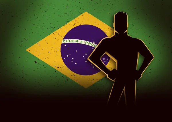 Silueta ilustración de un hombre parado frente a la bandera de Brasil —  Fotos de Stock