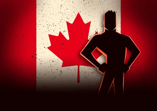Silueta ilustración de un hombre parado frente a la bandera de Canadá — Foto de Stock