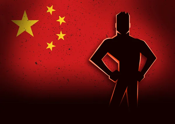 Silhueta ilustração de um homem em pé na frente da bandeira da China — Fotografia de Stock