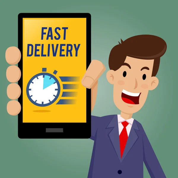 Businessman Showing Fast Delivery Icon on Smartphone — Stock Vector
