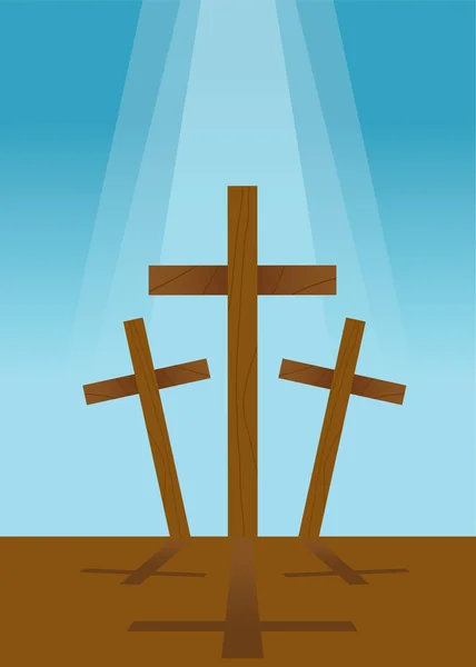 Three Wooden Cross Standing With Blue Background — Stock Vector