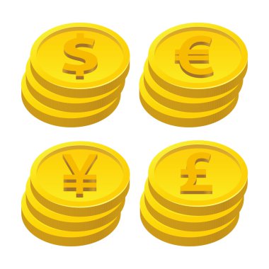 Altın sikke yığını ile çeşitli para birimi simgesi
