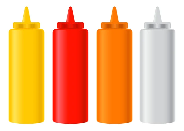 Diverses bouteilles de condiment Ketchup à la moutarde Chili Mayonaise — Image vectorielle