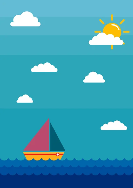 Barco à vela com fundo mar e nuvens —  Vetores de Stock