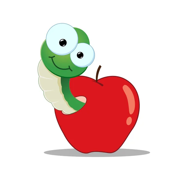 Gusano de dibujos animados en una manzana — Vector de stock