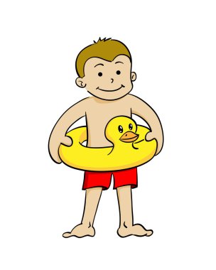 Şişme ördeği olan çocuk.