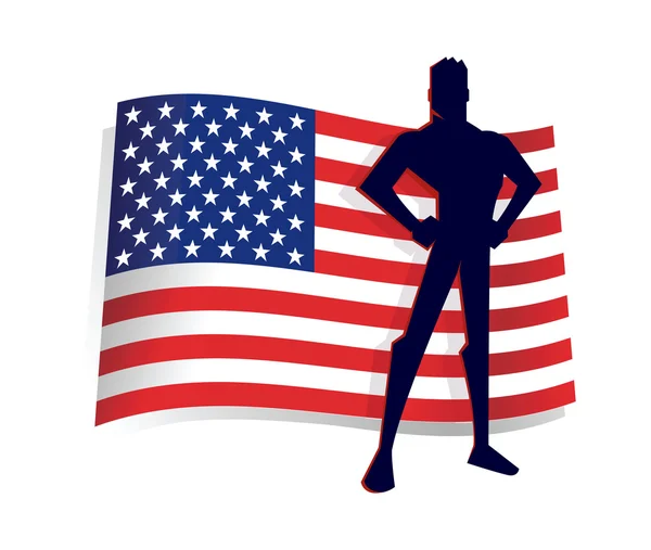 Hombre de pie orgullo en frente de la bandera de América — Vector de stock