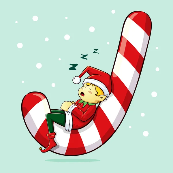 Elfo de Natal dormindo em Candy Cane —  Vetores de Stock