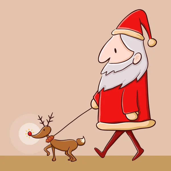 Santa Claus Walking With Reindeer — Stock Vector