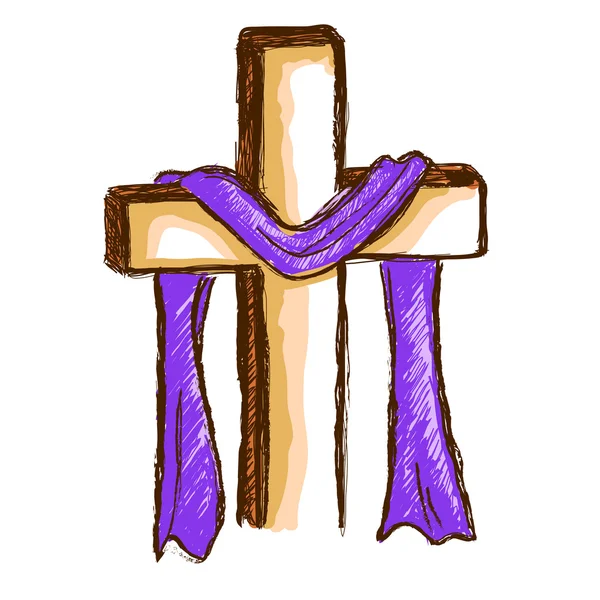 Dessin à la main d'une croix en bois avec tissu violet — Image vectorielle