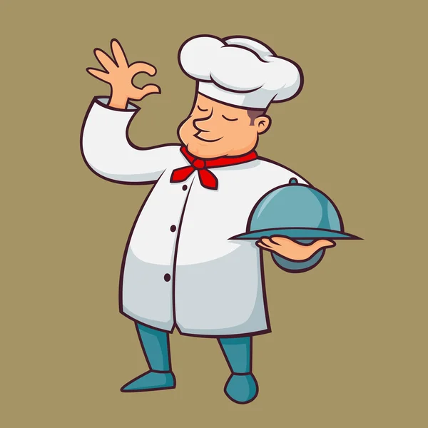 Chef gordo llevar una bandeja de comida — Vector de stock