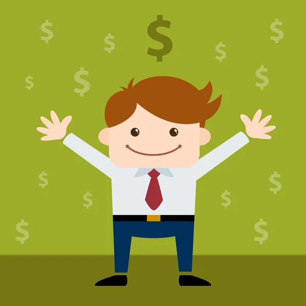 Ευτυχής επιχειρηματίας που περιβάλλεται από το σύμβολο του δολαρίου — Διανυσματικό Αρχείο