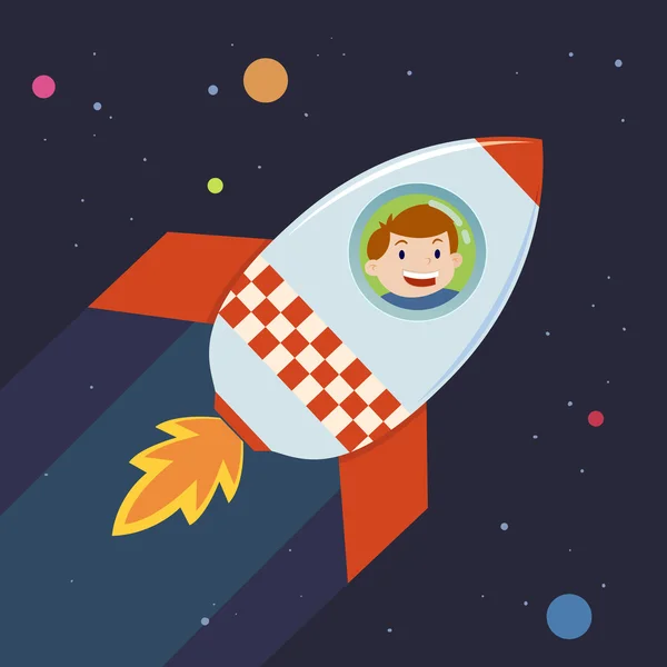 Boy In a Rocket Journey To Space - Stok Vektor